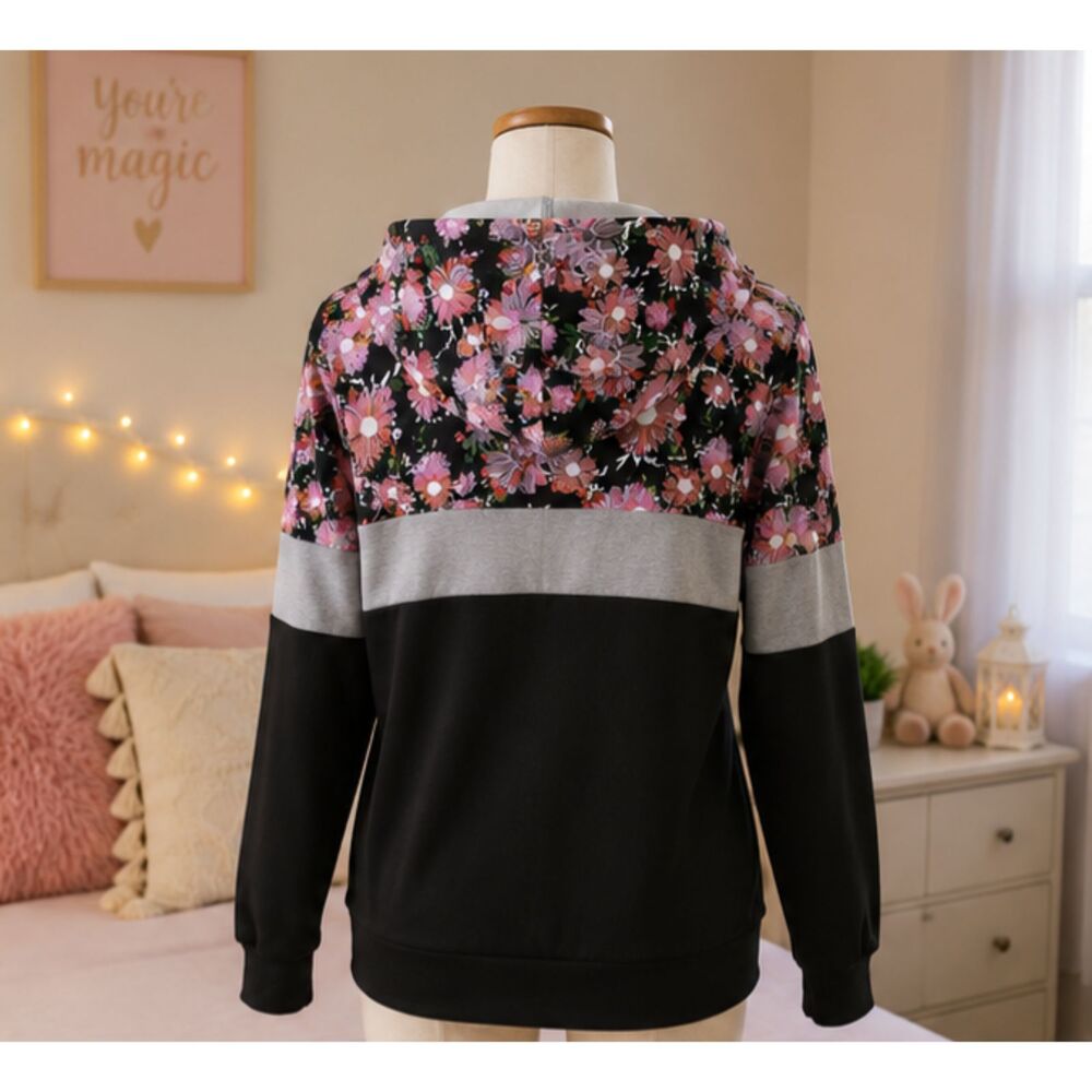 ONLYPUFF Women's Floral Color Block Hoodie Pullover Sweatshirt Pink Purple Black